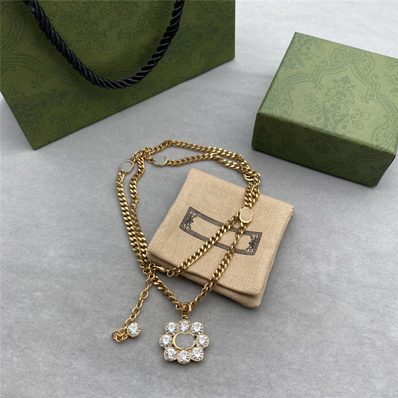 

Trendy Women Rhinestone Pendant Necklaces Diamond Double Letter Long Necklace Sweater Chain With Gift Box Jewelry