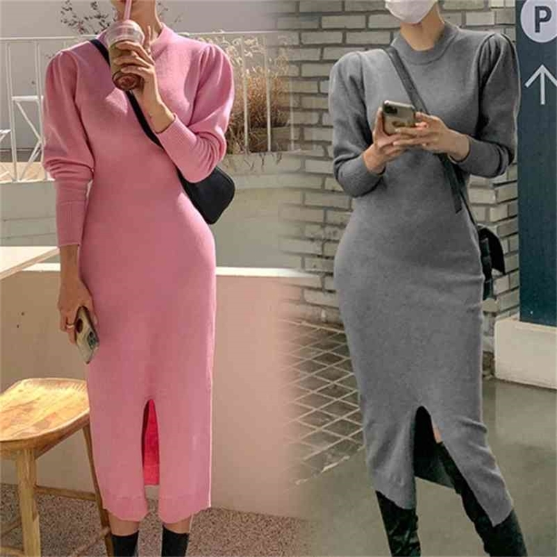 

Dress autumn and winter ladies slim round neck long sleeve knitted split women 210603, Gray