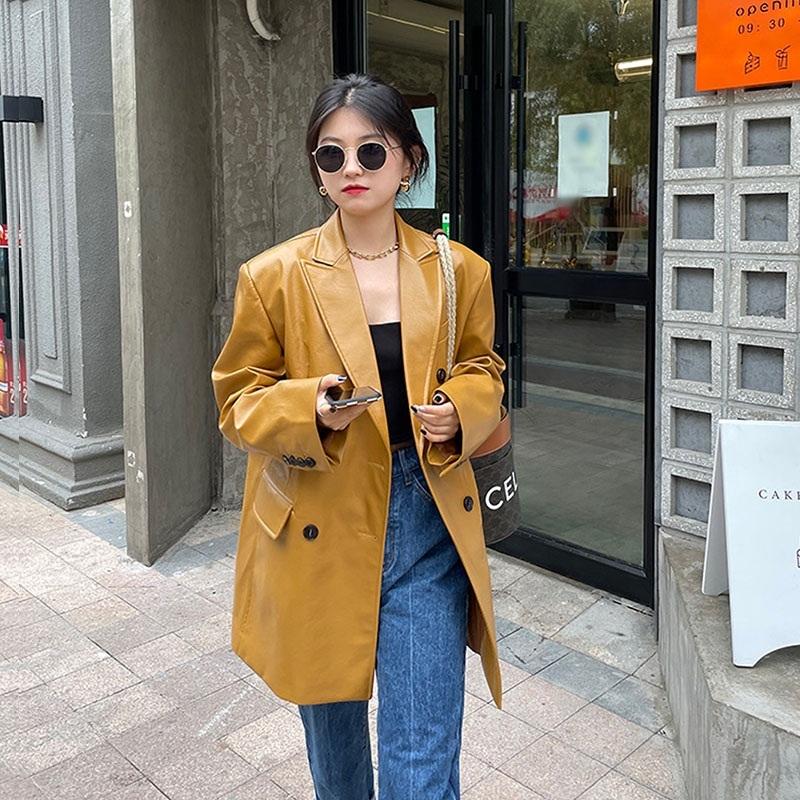 

Women's Leather & Faux Autumn Korean Women Ginger Yellow Vintage Blazers Streetwear Casual Notched Collar Long Sleeve Motorcycle Jacket, Black