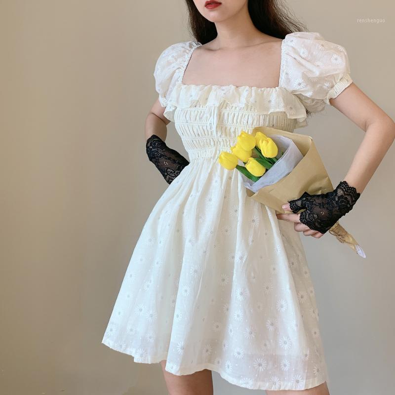 

Casual Dresses 2021 Summer White Flower Beach Dress Woman Puff Sleeve Slash Collar Ruffled Daisy Embroidered Pleated Elegant Vintage Robe, Beige