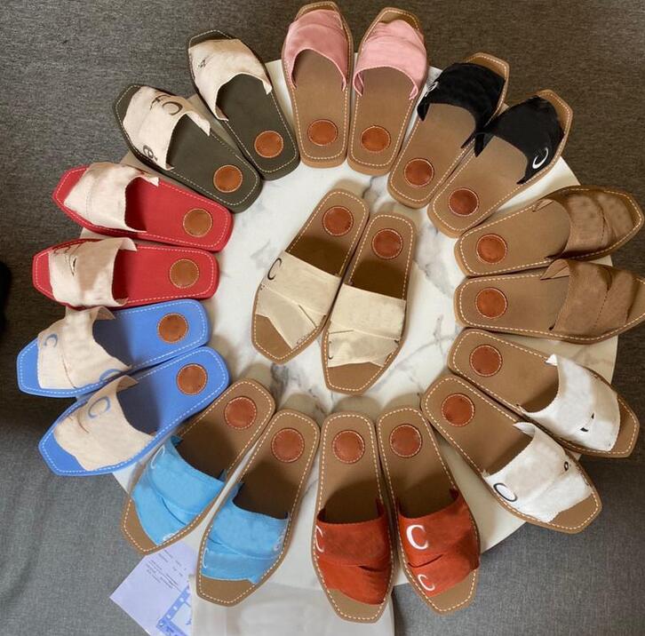 

89 Newest Branded Women Woody flat Webbing Slipper Designer Lady Womens Lettering Fabric Outdoor Leather Sole Slide Slides Slippers
