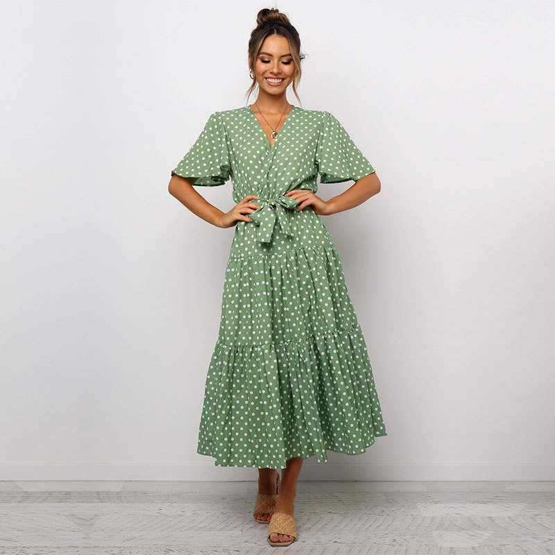 

Summer Long Dot Print Bandage Dress Women 2021 New V Neck Butterfly Sleeve High Waist Ladies Slim Casual Party Maxi Dresses, Blue