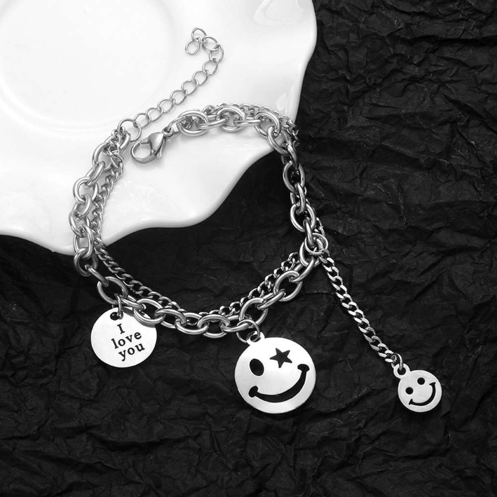 2021 new double layer round brand smiling face Bracelet women's fashion hip hop indifference design-image-683741608