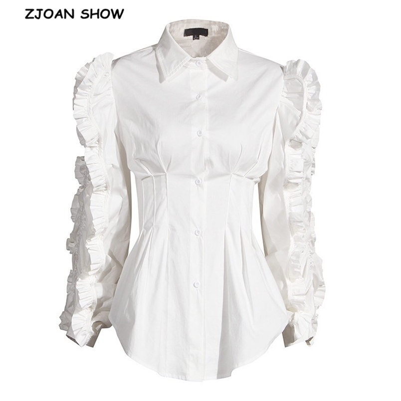 

High quality Black White Ruffles Long sleeve Woman Shirt Retro Lapel Single-breasted Blouse Causal Ruched Slim Tops Blousas 210429
