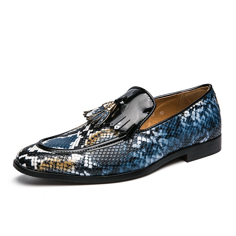

Designer Luxury Mens Blue Leisure Shoes Tassel Charm Python Snake Pattern Pointed Toe Boat Flat Casual Zapatos Size 39-45