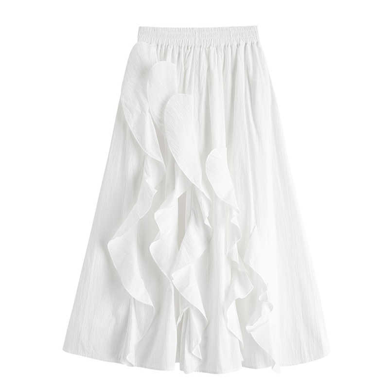 

Spring Summer White Middle-length High-waisted A Line Casual Skirts Womens 210615