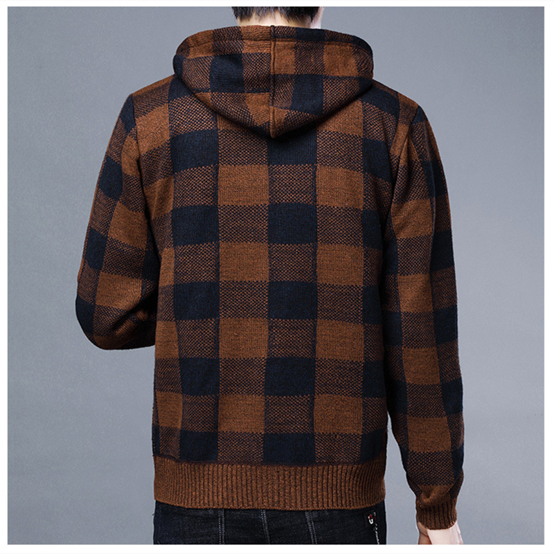 

2021 Autumn Korean Hooded Mens Sweater with Thick and Velvet Mens Cardigan Knitted Sweater Coat Grid Jacket Male M-4XL 8668
