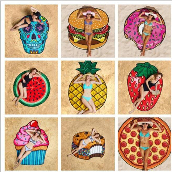

Summer Fruit Beach Towel Pizza Burger Skull Ice Cream Strawberry Round Bath Cushion Floor Mat Swimsuit Wrap Shawl