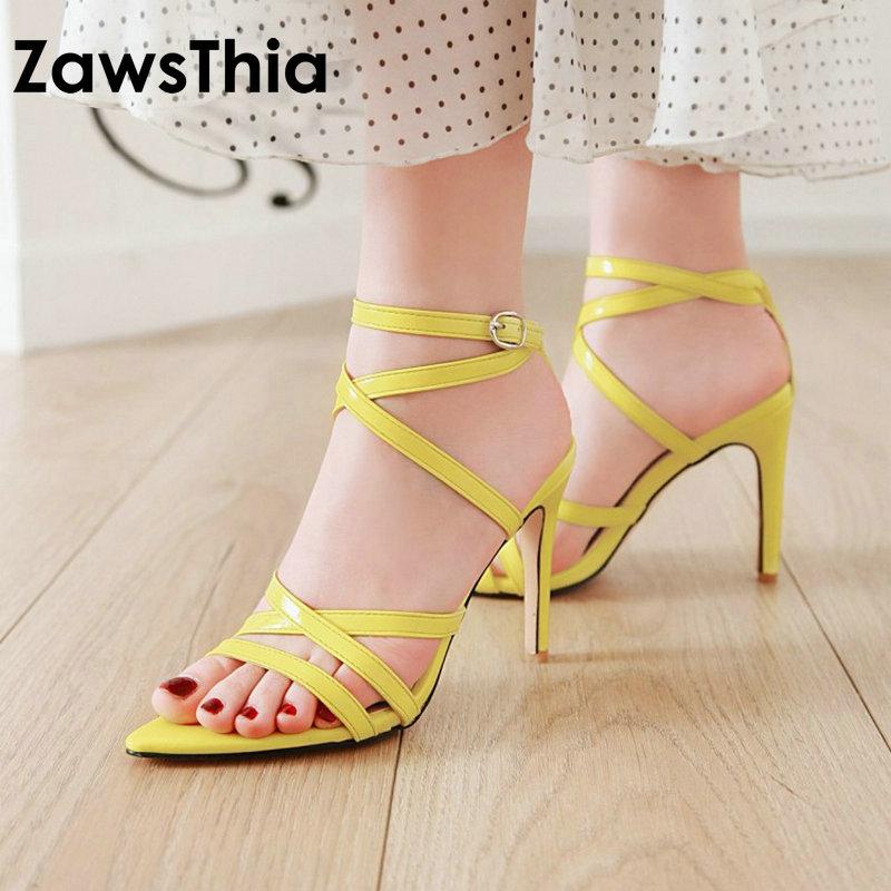 

Sianie Tianie 2021 Summer Cross Strap Pointed Toe 10cm Super Thin High Heels Shoes Yellow Blue Woman Gladiator Women Sandals, Black