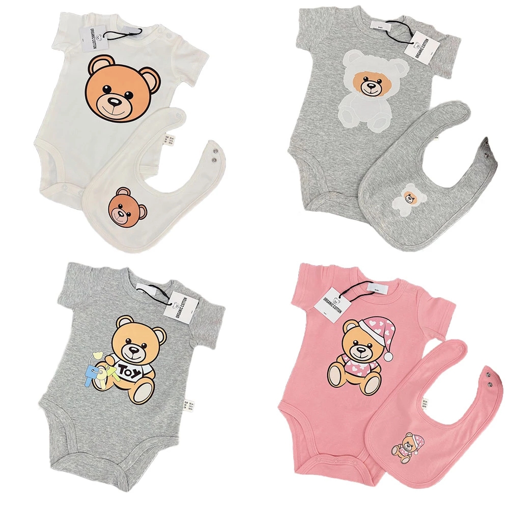 

Designer Newborn Baby Girl Boy Rompers 2pcs Outfit Clothes Set Infant Girls Cartoon Bear Print Short Sleeve Onesie Bodysuit+bibs, 16