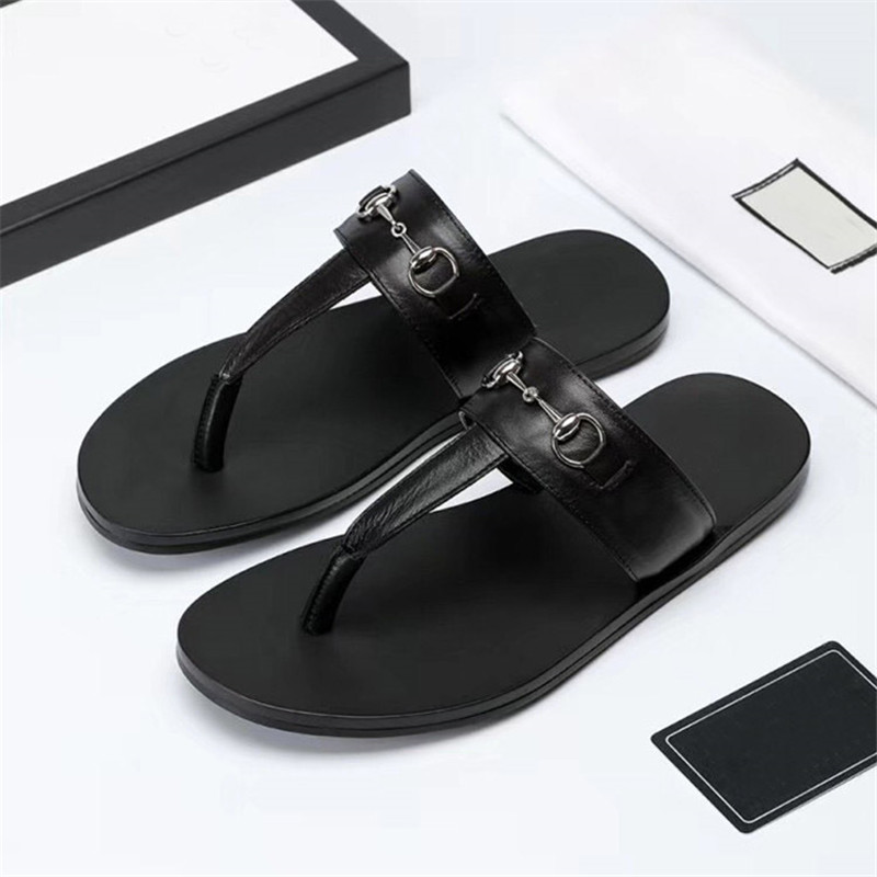 

2021 Fashion Black Soft Leather Sandals Mules Bees Summers Slide Slippery Flat Chain Sandals Wide T-bar Casual Beach Slip Sandals With Box
