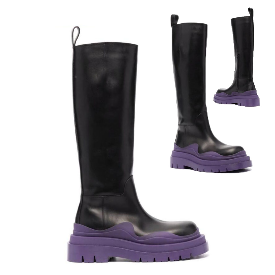 

aaa++ black+purple soles bottega tire high leather boots cowhide leather chelsea booties men platform chunky shoes lady knight high-boots wo