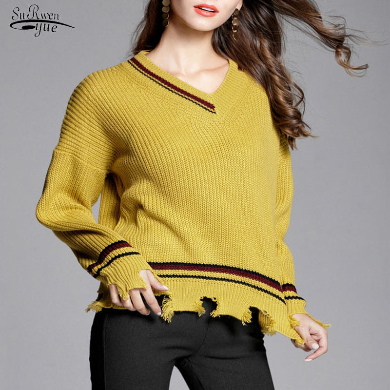 

Pull Femme Style for Autumn and Winter Stripes V-neck Striped Pullover Loose Sweater Coat Irregular 11757 210521, Brick red