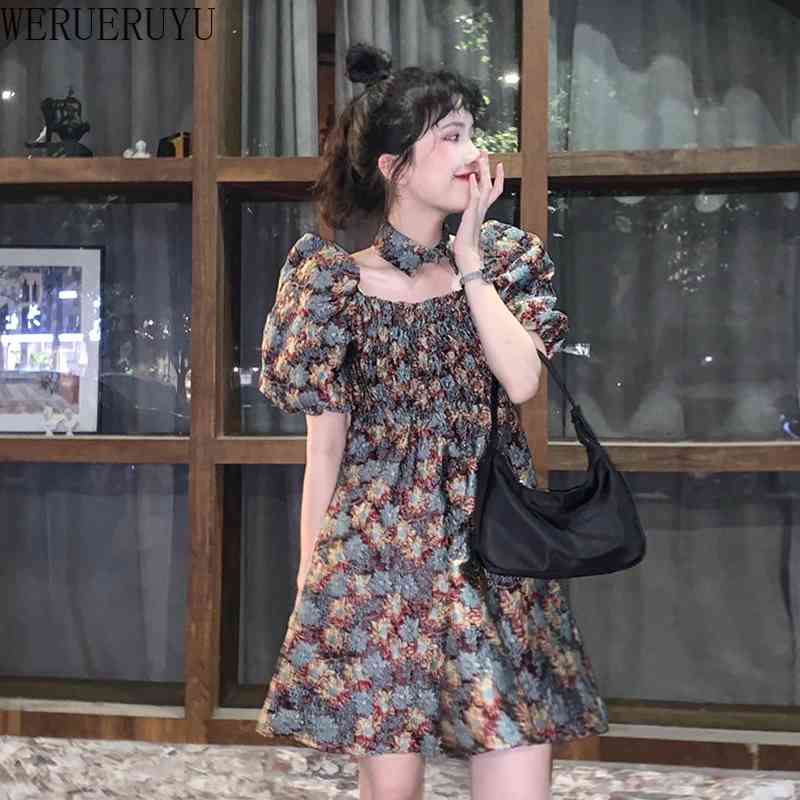 

WERUERUYU Dresses For Women Square Neck Chiffon Dress Puff Sleeve Floral Dresses Beach Seaside Flowers Summer Korean Style 210608, Photo color