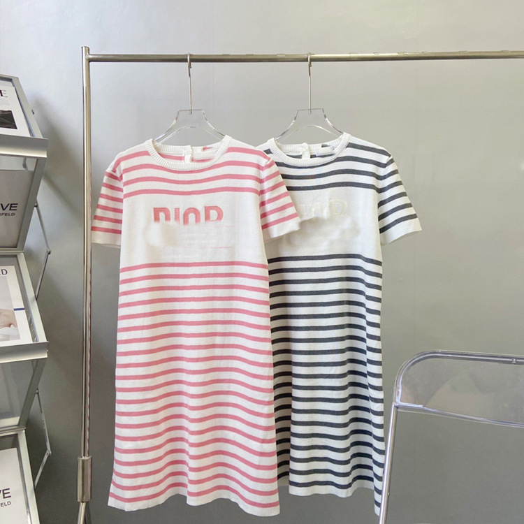 2021 summer new round neck striped letter jacquard short sleeve dress women's casual comfortable knitting medium and long skirt fashion-image-713108743