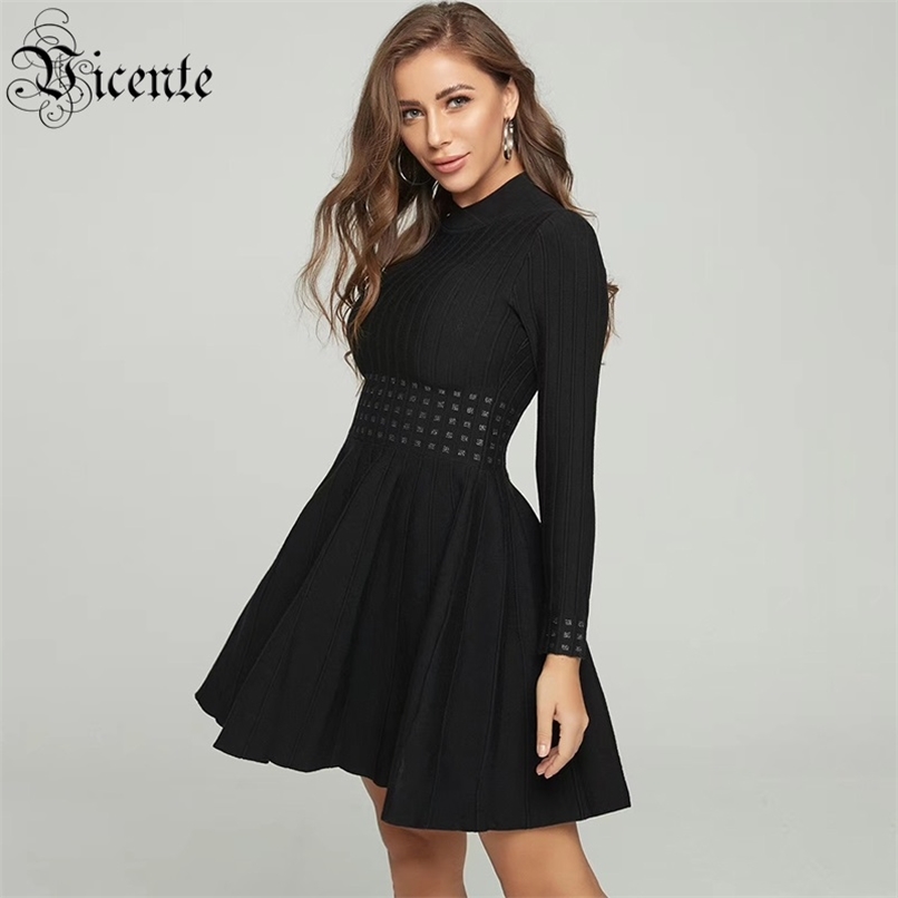 

Arrival A-Line Vestido Long Sleeves Stand Collar Celebrity Party Bandage Mini Dress 210520, Black