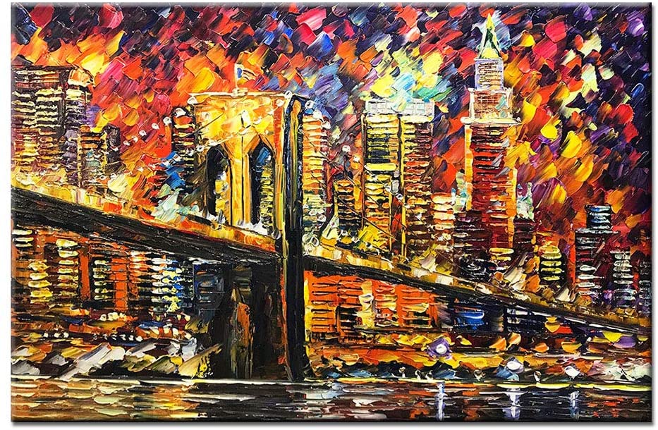 Contemporary Art Abstract Oil Painting for Living Room New York Brooklyn Bridge Thick Textured Landscape Wall Decor Pictures Hand-painted Unframe-image-754769909