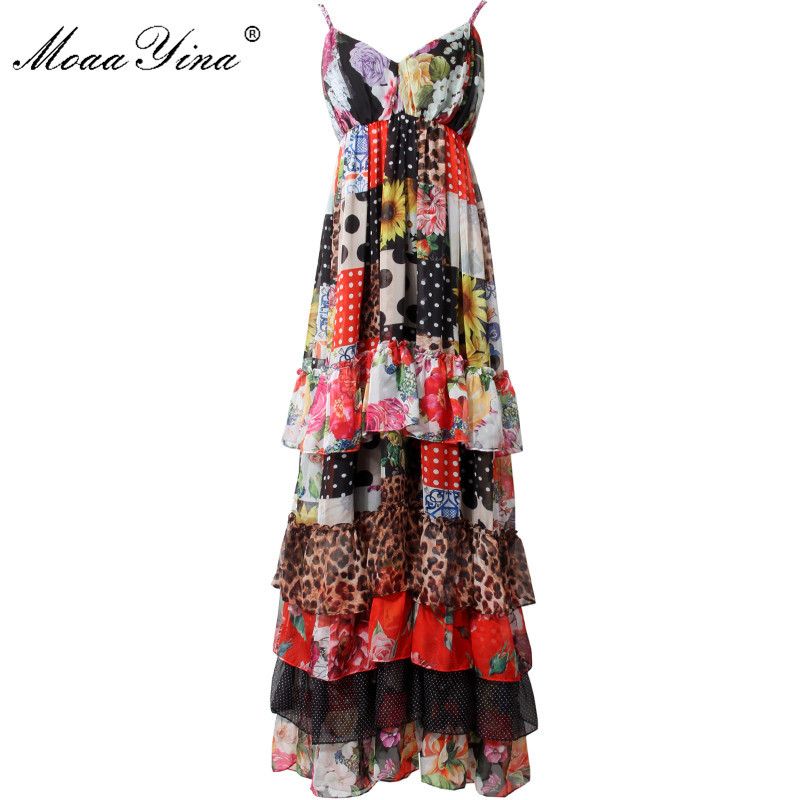 

Fashion Dress Summer Women's Spaghetti strap Backless Floral Print Cascading Ruffle Bohemia Chiffon Beach Dresses 210524, Multi