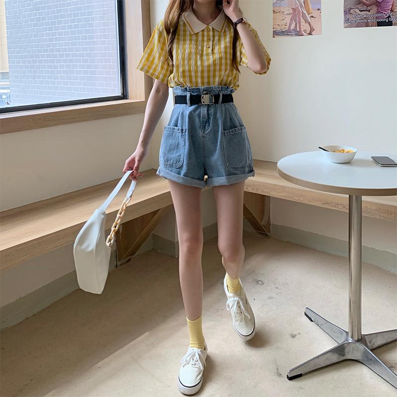 

Arrivlas Summer Chic Fashion Casual Elegant Bud Simple Belt Deep Blue Solid Crimping Basic Denim Shorts Women, As the picture