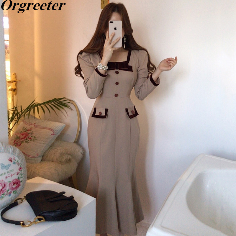 

Chic Exquisite Velvet Button Bow Deco Trumpet Dress Elegant Square collar Slim Fit Puff Sleeve Party Mermaid Dresses Women 210525, Khaki
