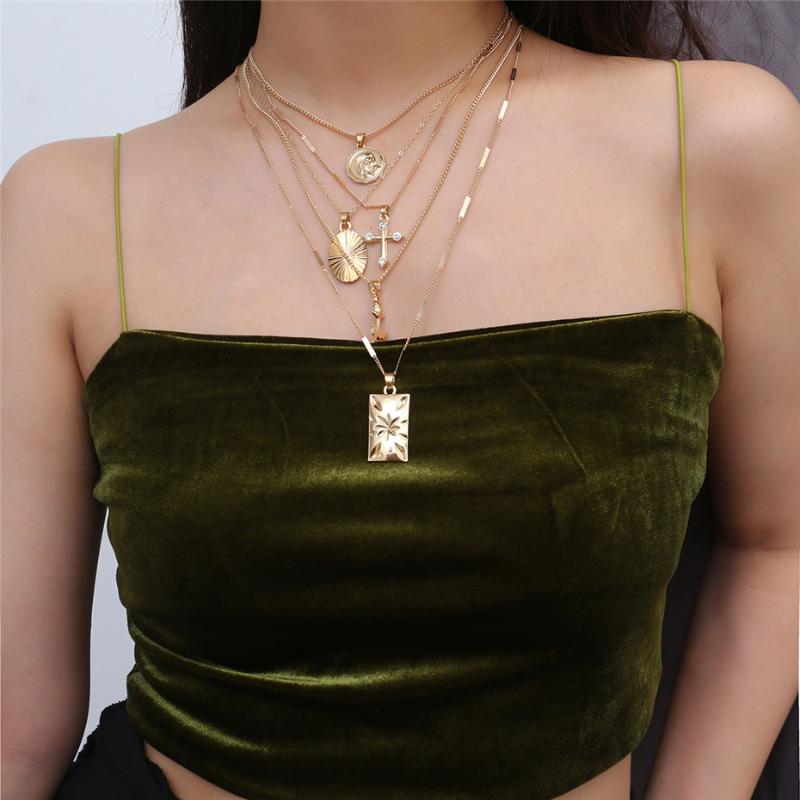 

Pendant Necklaces Gold Cross Coin Multi Layer Collar Statement Chain Neckalce For Women Choker Fashion Jewelry Accessories Gift Wholesale