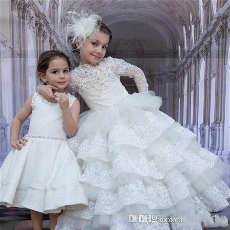 2016 Luxurious Lace Crystals Tiers Ball Gown Flower Girl Dresses Vintage Child Pageant Dresses Beautiful Flower Girl Wedding Dresses