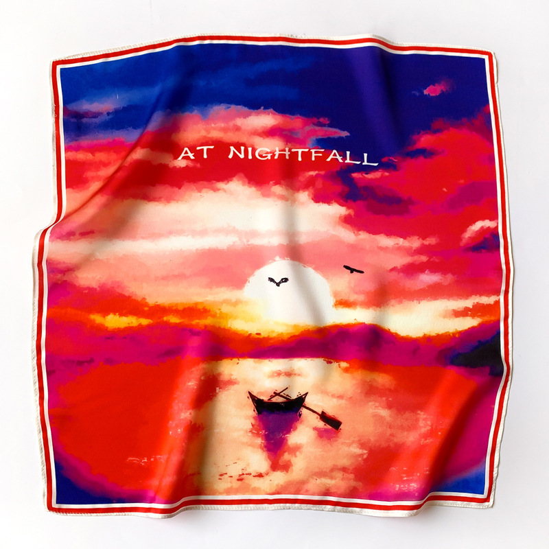 

style natural scarf women Sunset oil painting print 100% real silk scarves small square headband wrap lady gift FJ491