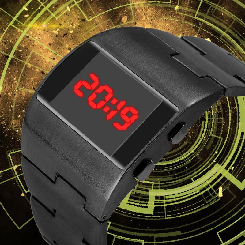 

Wristwatches Cool Fashion Wide Steel Belt Watches For Men Creative Monochrome Digital Electronic Watch Casual Stainless Dial