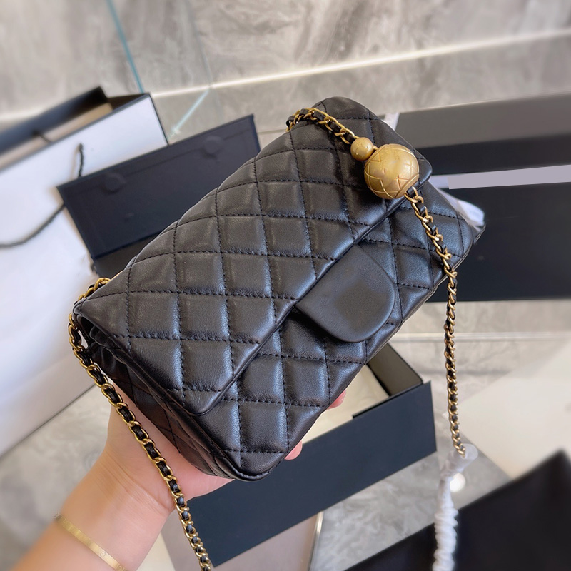 

Pearl Gold Ball Crush Rectangular/Square Mini Classic Flap Bags Lambskin High Quality Adjustable Shoulder Strap Crossbody Luxury Designer Handbags 17CM/20CM, Box