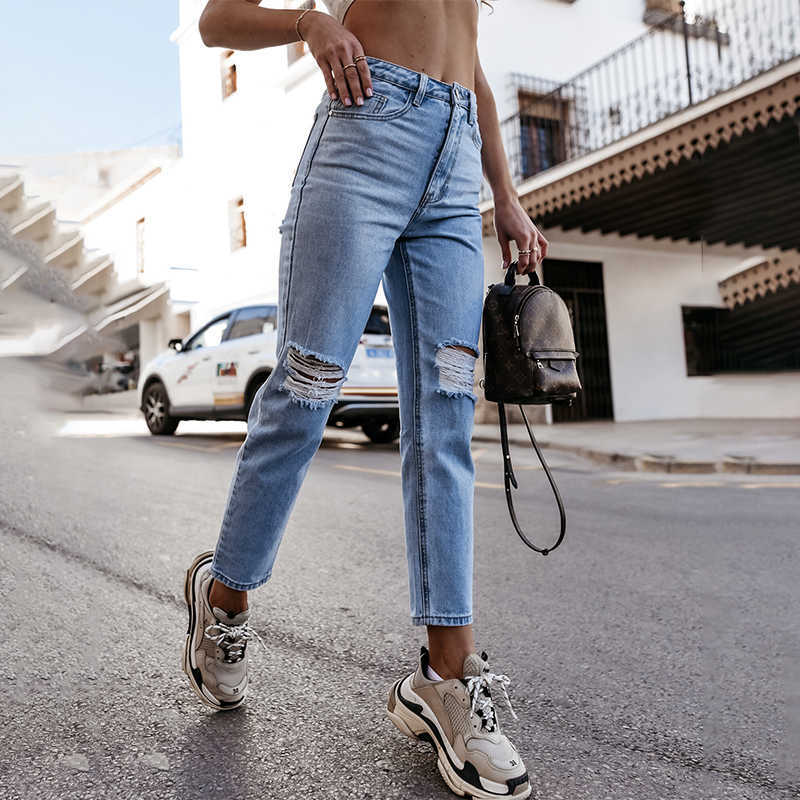 

Summer Washed Button Full Length High Waist Jeans Office Lady Casual Temperament Straight Leg Pants Ripped For Women 210604, Blue