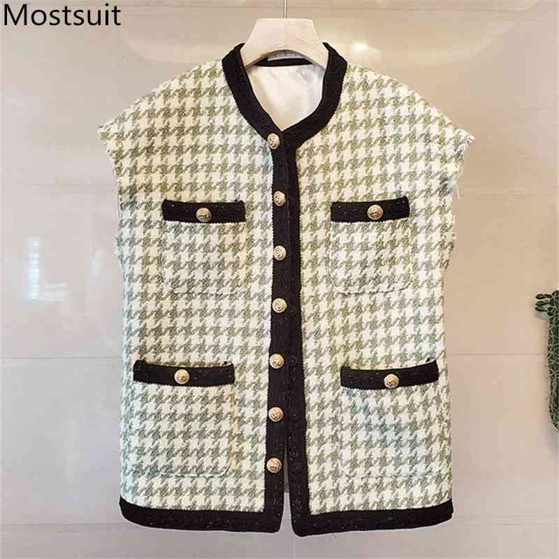 

Autumn Houndstooth Tweed Women Vest Coats Sleeveless O-neck Single-breasted Pockets Jackets Fashion Elegant Ladies 210518, Black