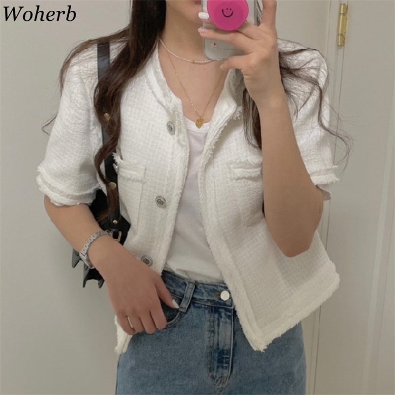 

Women Coat Summer Korean Fashion Temperament Short Cardigan Jacket Vintage O Neck Single Breasted Tweed Sweet Tops 210519, Yellow
