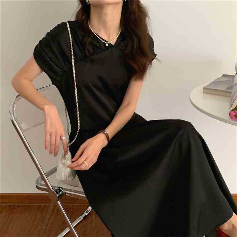 

Elegant Femme OL Summer Vintage French Sexy Lady Skew Collar Chic Prom Party Long Dress Solid Brief Vestidos 210525, Black