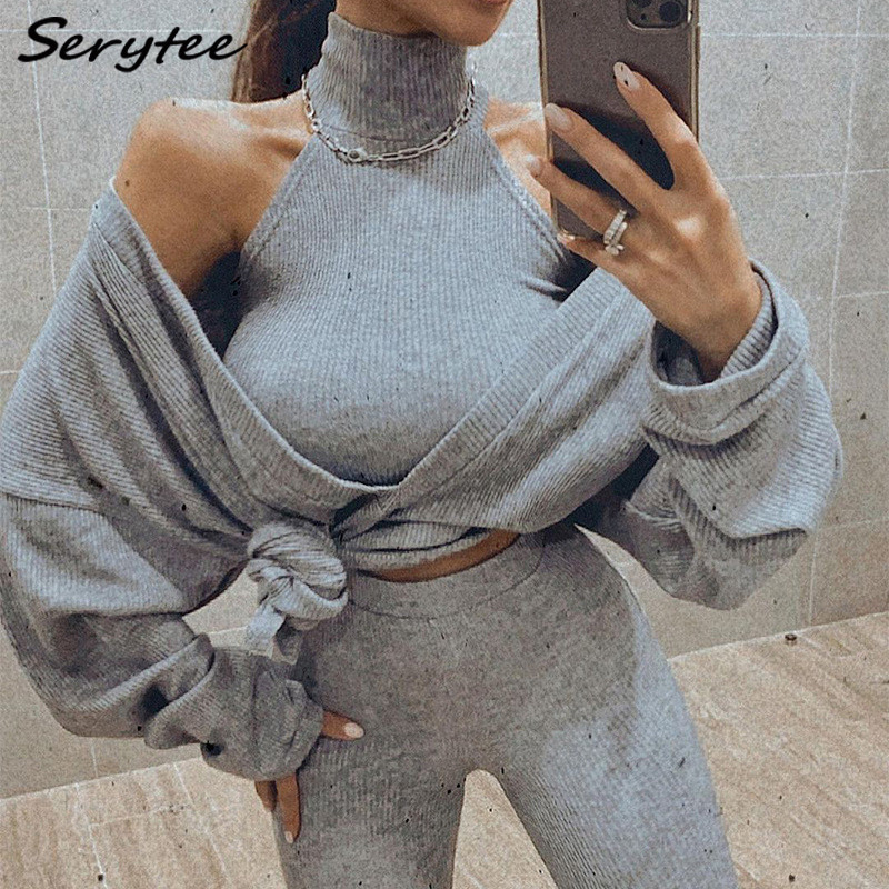 

Serytee Shirt Rib Knit Oversize Sweaters Women 2021 Autumn Winter Sexy Off Shoulder Long Sleeve With Cardigan Thin Sweaters Streetwear, Gray
