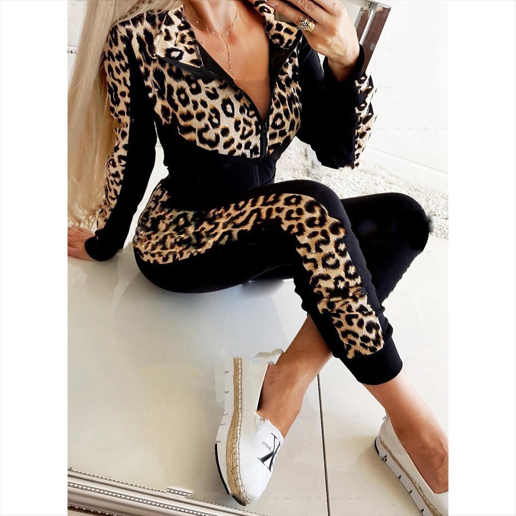 

autumn casual tracksuit leopard womens pants 2 clothes sets long sleeve lapel zipper coat outfits active wear, White
