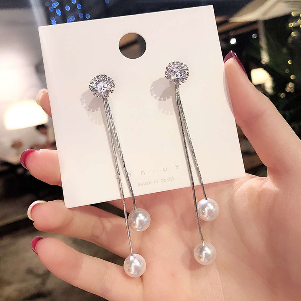

earrings Korean temperament net red face thin pearl long earrings female personality exaggeration cold wind simple versatile Earrings Fashion, Golden