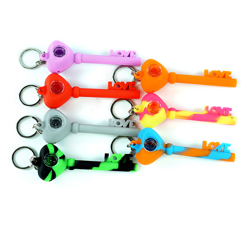 

Love Key Novelty Pipe For Smoking 4.2" Silicone Tobacco Cigarette Herb Pipes With Metal Chain Smoke Accessories