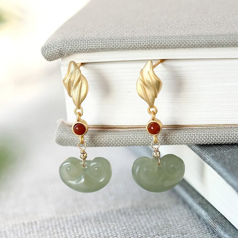 

Dangle & Chandelier Natural Hetian Jade Small Ingot Earrings Chinese Style Retro Exquisite Unique Antique Gold Craft Women's Brand Jewelry, Silver