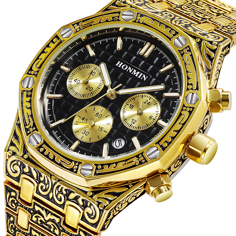 

Luxury Vintage Pattern Mens Quartz Watch Chronograph Dial Bracelet Watch Grande Tapisserie Pattern Watch, Silver -black