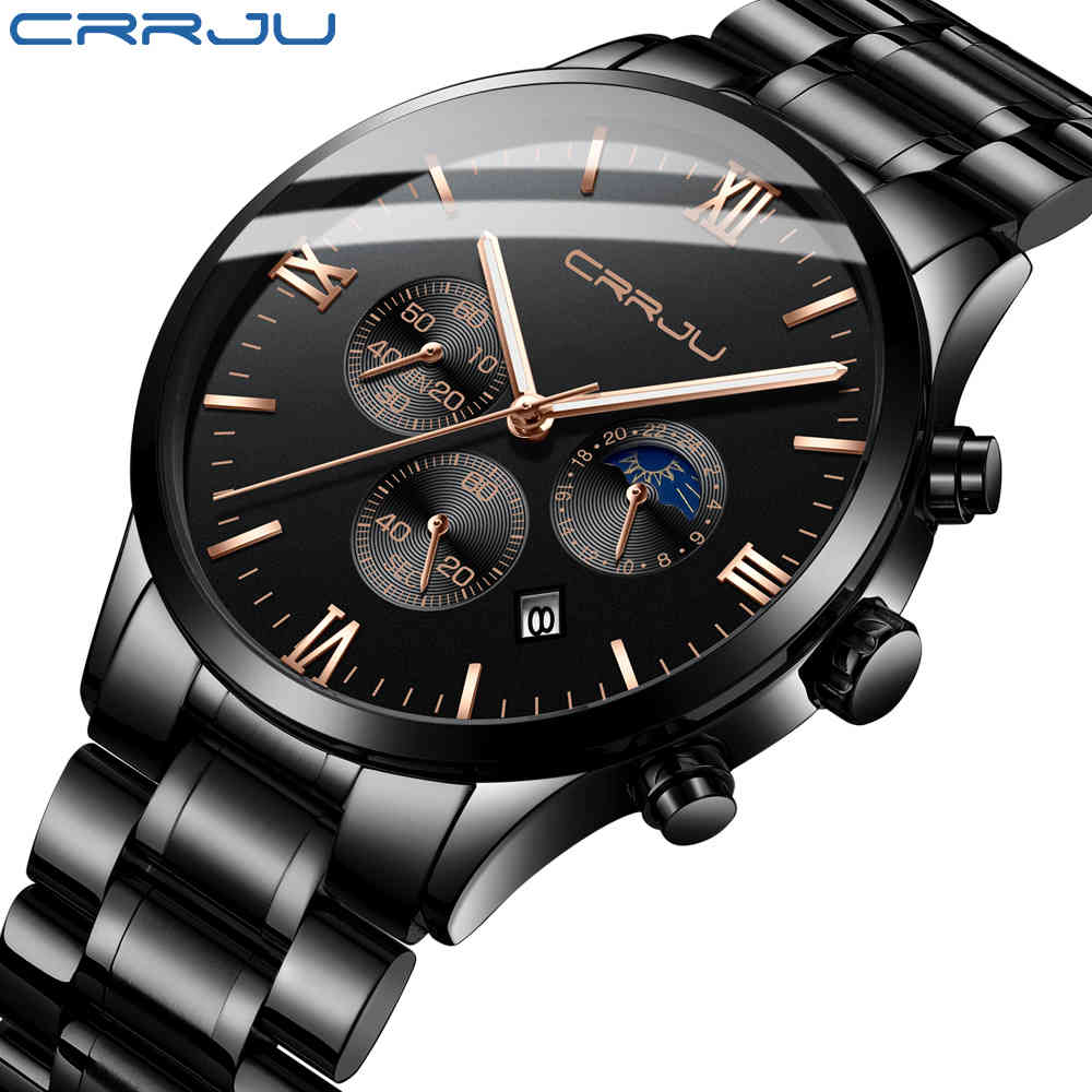 

Mens Watches CRRJU Top Luxury Brand Business Chronograph Wristwatch Fashion Waterproof Luminous Clock with Moon Phase 210517, L black silver black