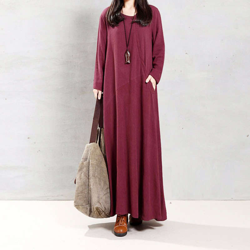 

Dresses sale Casual Quick Tong cotton women' Linen long sleeve dress D003, Wine