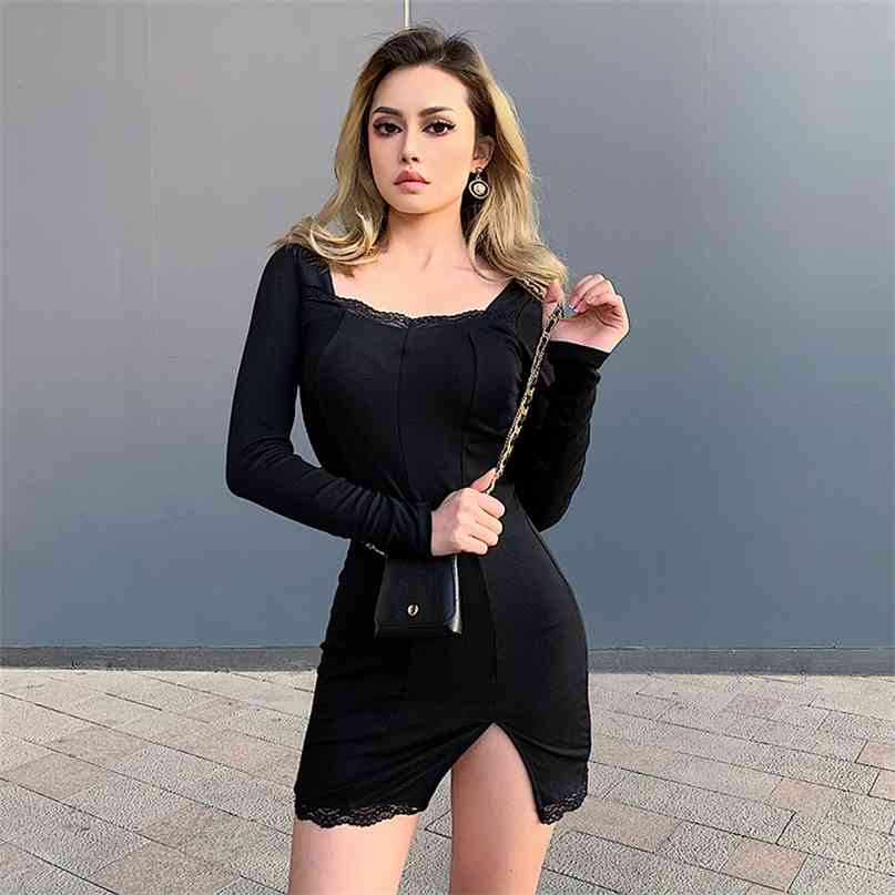 

Autumn Spring Women Sexy Lace Patchwork Long Sleeve Split Dress Hip Package Mini Vestido Party Club Low Chest Outfits Cloth 210607, Black