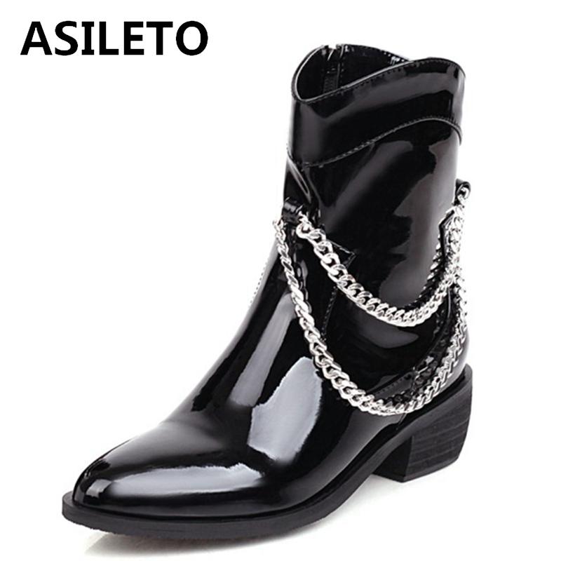 

Boots ASILETO 2021 Spring Autumn Ladies Ankle Punk Chains Zip Short Plush 4.5CM Chunky Heel Size 33-46 Black Red Yellow A4436