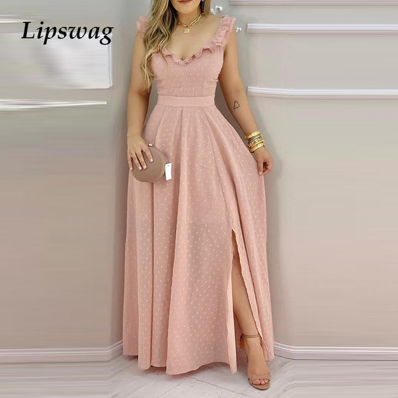 

fashion lady backless cross tie-up party dress women elegant dot print split long dresses v-neck ruffle beach summer dresshigh quality, Black;gray