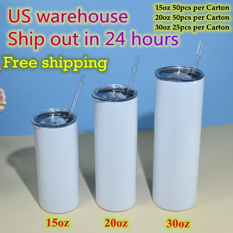 

US warehouse 15oz 20oz 30oz Straight Sublimation Tumblers Clear Straws Stainless Steel Glossy blank white Double wall Vacuum Insulated Travel cups Local Delivery, White sublimation