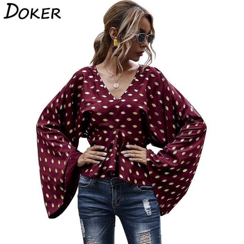 

Womens Tops And Blouses Spring Polka Dot V-neck Flare Long Sleeve Fashion Office Ladies Shirts Casual Plus Size Blouse Femme 210604, Navy blue
