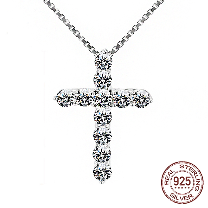 

100% 925 Silver Cross Crystal Pendants Necklace 5A Zirconia Necklaces Lover Choker Jewelry Gift For Women Girl DZ005