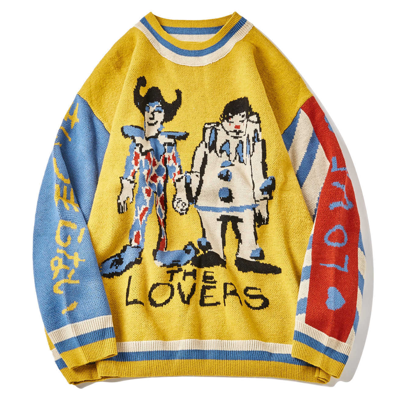 LACIBLE Harajuku Pullover Men Patchwork Clown Print Knitted Sweater Hip Hop Streetwear Retro Spring Male Loose Tops 211014