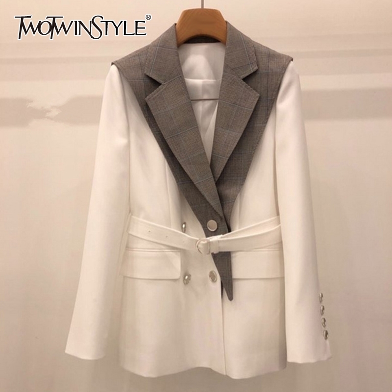 

TWOTWINSTYLE Korean Patchwork Blazer For Women Notched Long Sleeve Hit Color Causal Blazers Female Fashion Clothing Autumn 210517, Aspicture