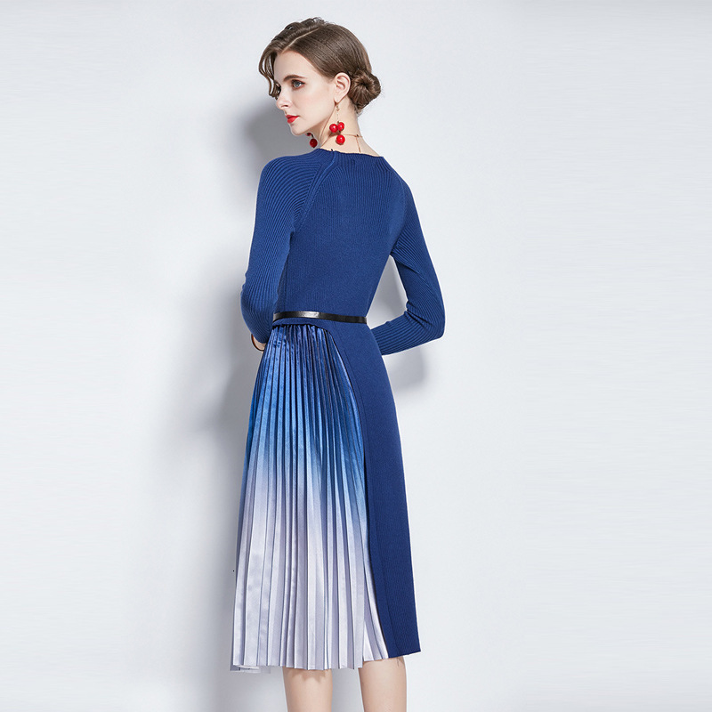 Casual Dresses Elegant Slim Midi-long Long Sleeve Pullover Round Neck Knitted Splice Pleated Women Black With Sashes Dres TSP5-image-699482727